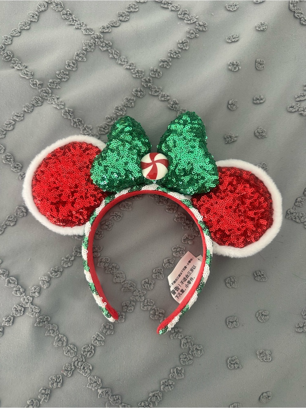 Disney Sequin Red & Green Mouse Ear Headband with Peppermint Bow